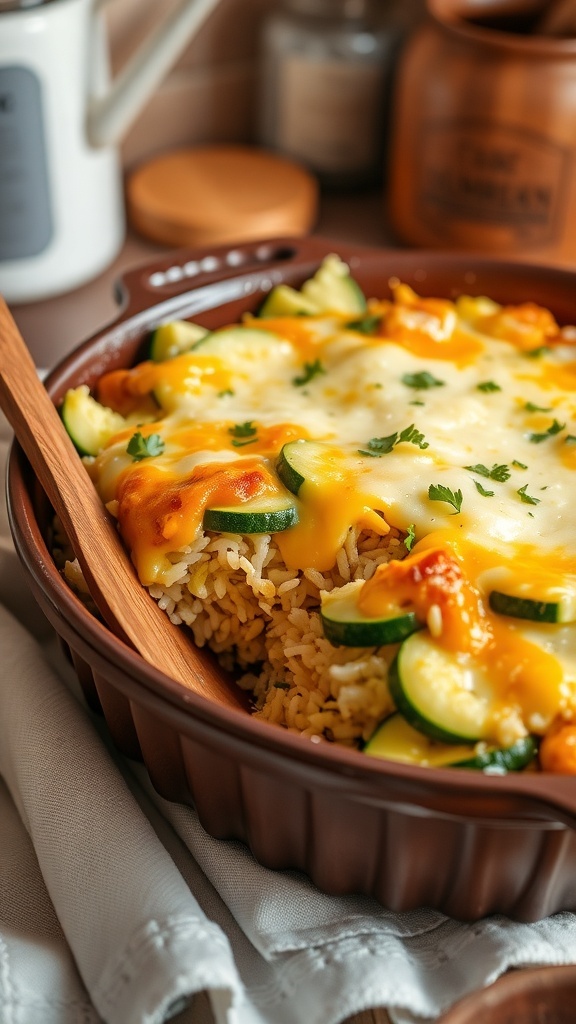 A cheesy zucchini and rice casserole with melted cheese, zucchini slices, and rice in a rustic baking dish.